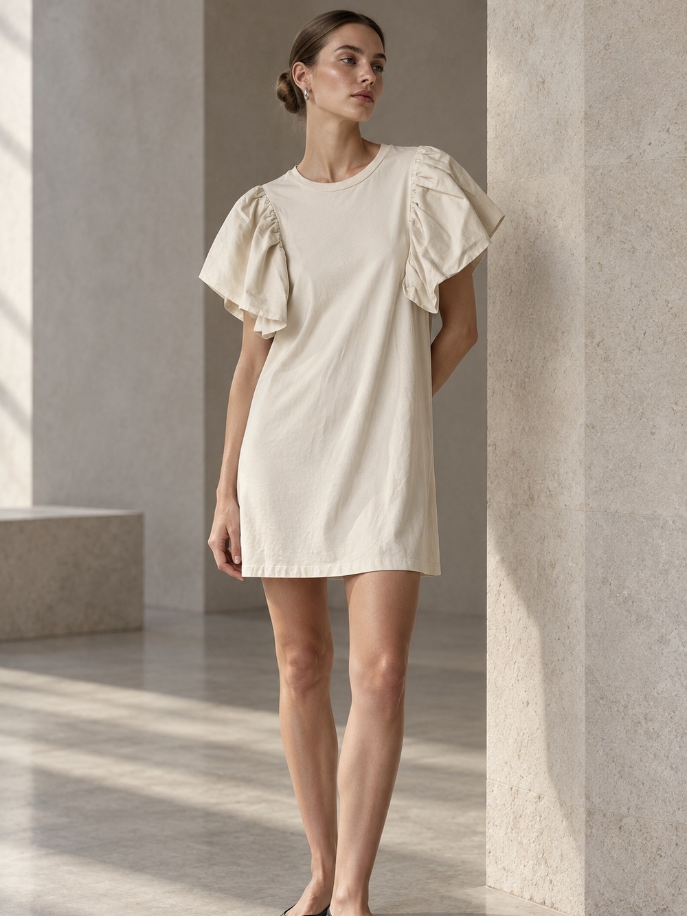 TCEC Ivory Mixed Media Flutter Sleeve Shift Mini Dress Size Large